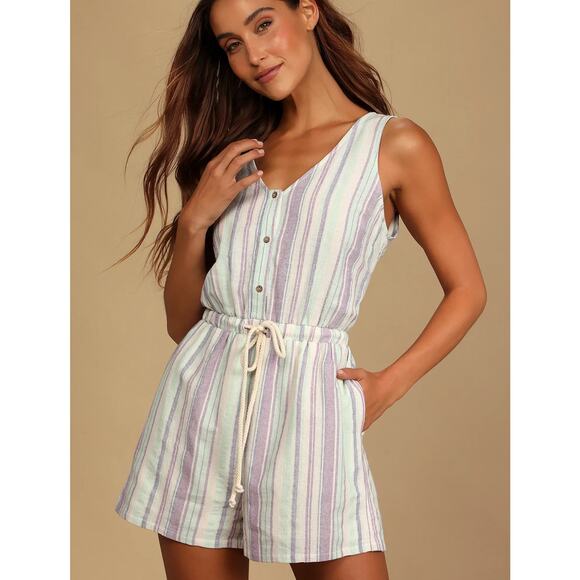LULU’S Forever Adventure Romper Size M NEW Lilac Multi Striped Drawstring Waist - Picture 1 of 13